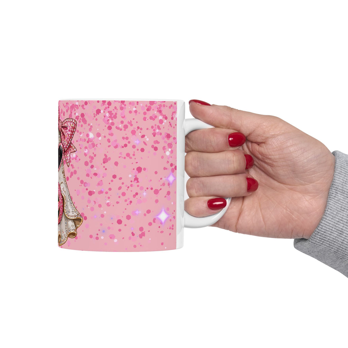 Pink Glitter Ghost Halloween Mug — Cute Ghost with Heart Sunglasses & Pumpkin