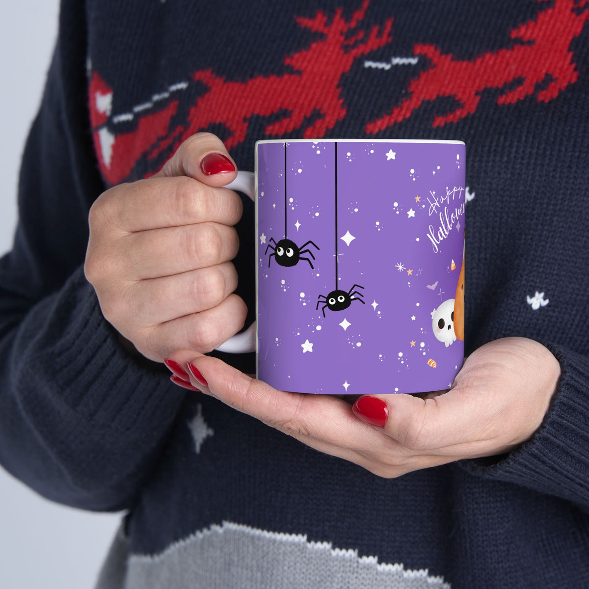 Halloween Ghost & Pumpkins Ceramic Mug — "Happy Halloween" Cute Spooky Coffee Cup (11oz/15oz)