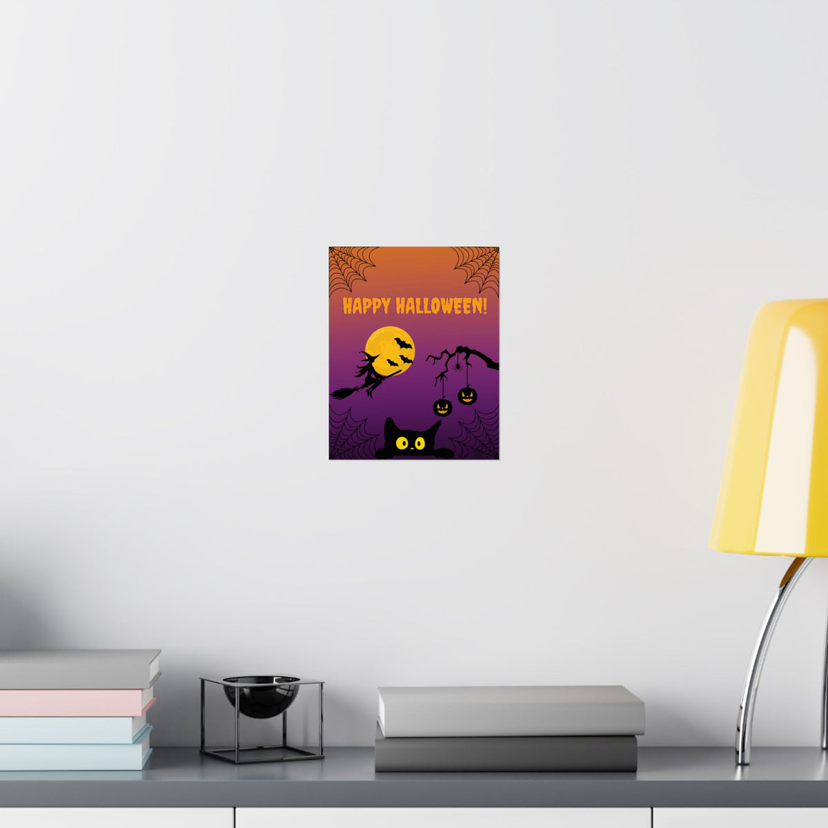 Happy Halloween Matte Poster — Cute Cat, Witch & Jack-O’-Lantern Halloween Wall Art