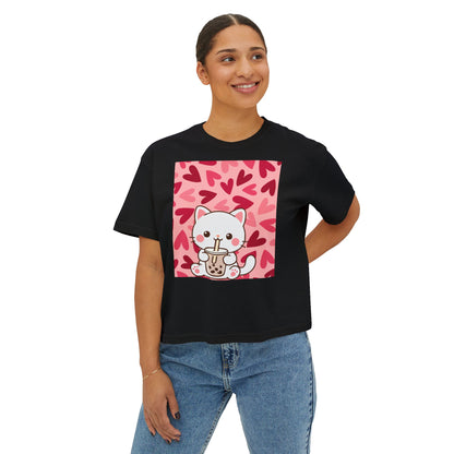 Cute Cat Bubble Tea Boxy Tee — Kawaii Heart Graphic Women's Crop T‑Shirt