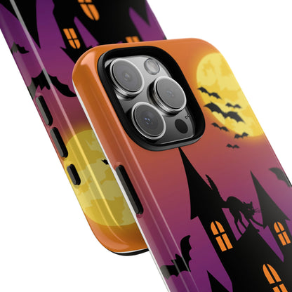 Halloween Haunted Castle Tough Phone Case — Moon, Bats & Cat iPhone Cover