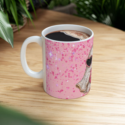 Pink Glitter Ghost Halloween Mug — Cute Ghost with Heart Sunglasses & Pumpkin
