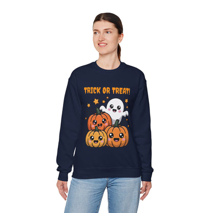 Halloween "Trick or Treat" Sweatshirt — Cute Ghost & Pumpkins Crewneck
