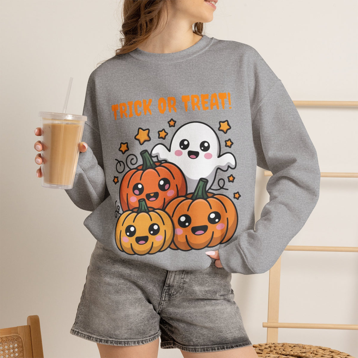 Halloween "Trick or Treat" Sweatshirt — Cute Ghost & Pumpkins Crewneck