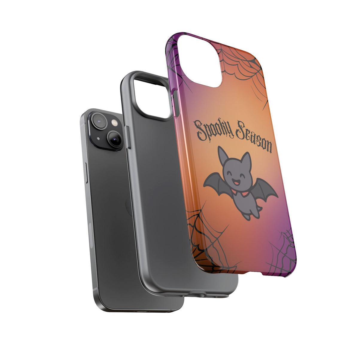 Spooky Season Cute Bat Phone Case — Halloween Gradient Spiderweb Tough Case
