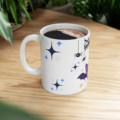 Halloween Cute Bat Ceramic Mug (11oz & 15oz) — Kawaii Purple Bats & Spiders