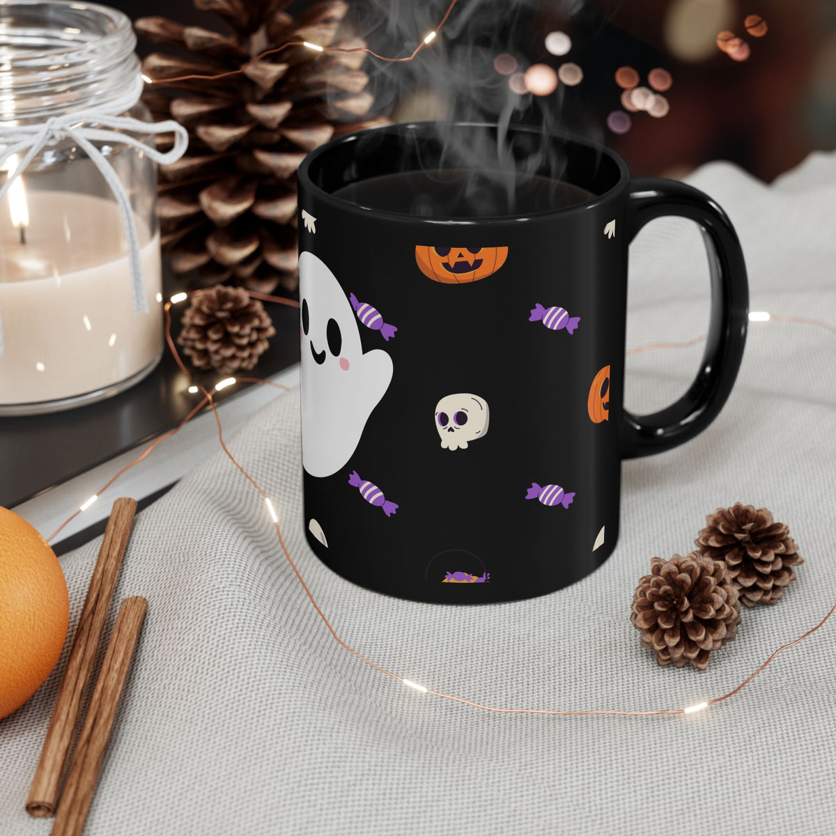 Halloween Ghost Candy Black Mug — Cute Spooky Coffee Cup (11oz & 15oz)