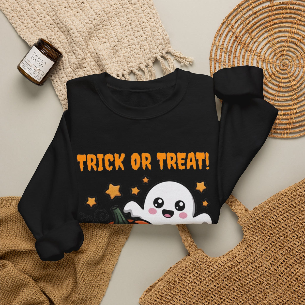 Halloween "Trick or Treat" Sweatshirt — Cute Ghost & Pumpkins Crewneck