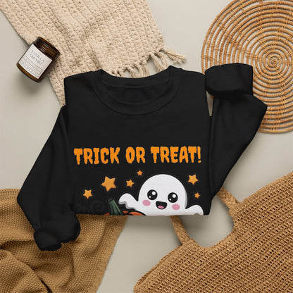 Halloween "Trick or Treat" Sweatshirt — Cute Ghost & Pumpkins Crewneck