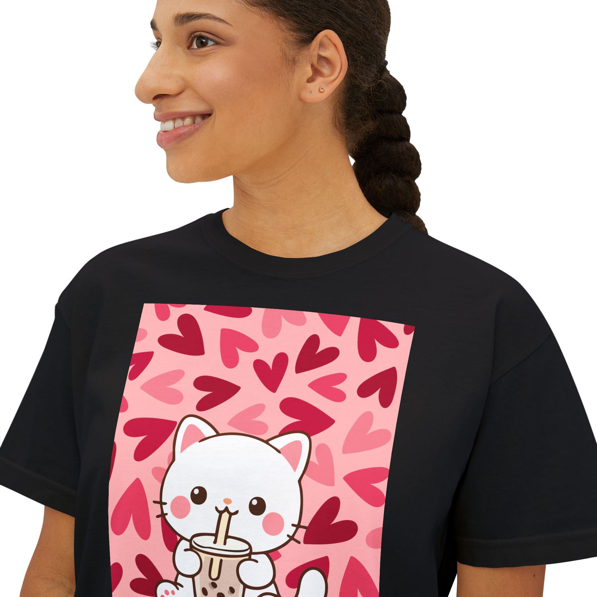 Cute Cat Bubble Tea Boxy Tee — Kawaii Heart Graphic Women's Crop T‑Shirt