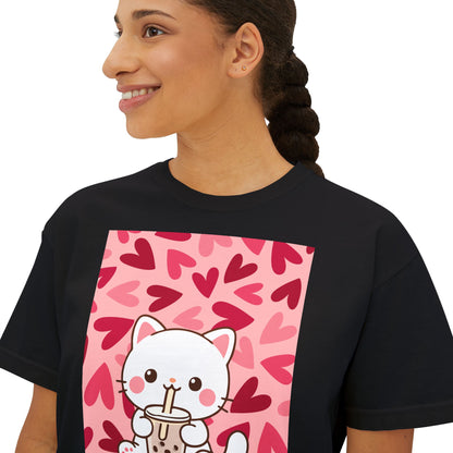 Cute Cat Bubble Tea Boxy Tee — Kawaii Heart Graphic Women's Crop T‑Shirt