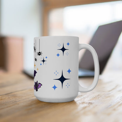 Halloween Cute Bat Ceramic Mug (11oz & 15oz) — Kawaii Purple Bats & Spiders