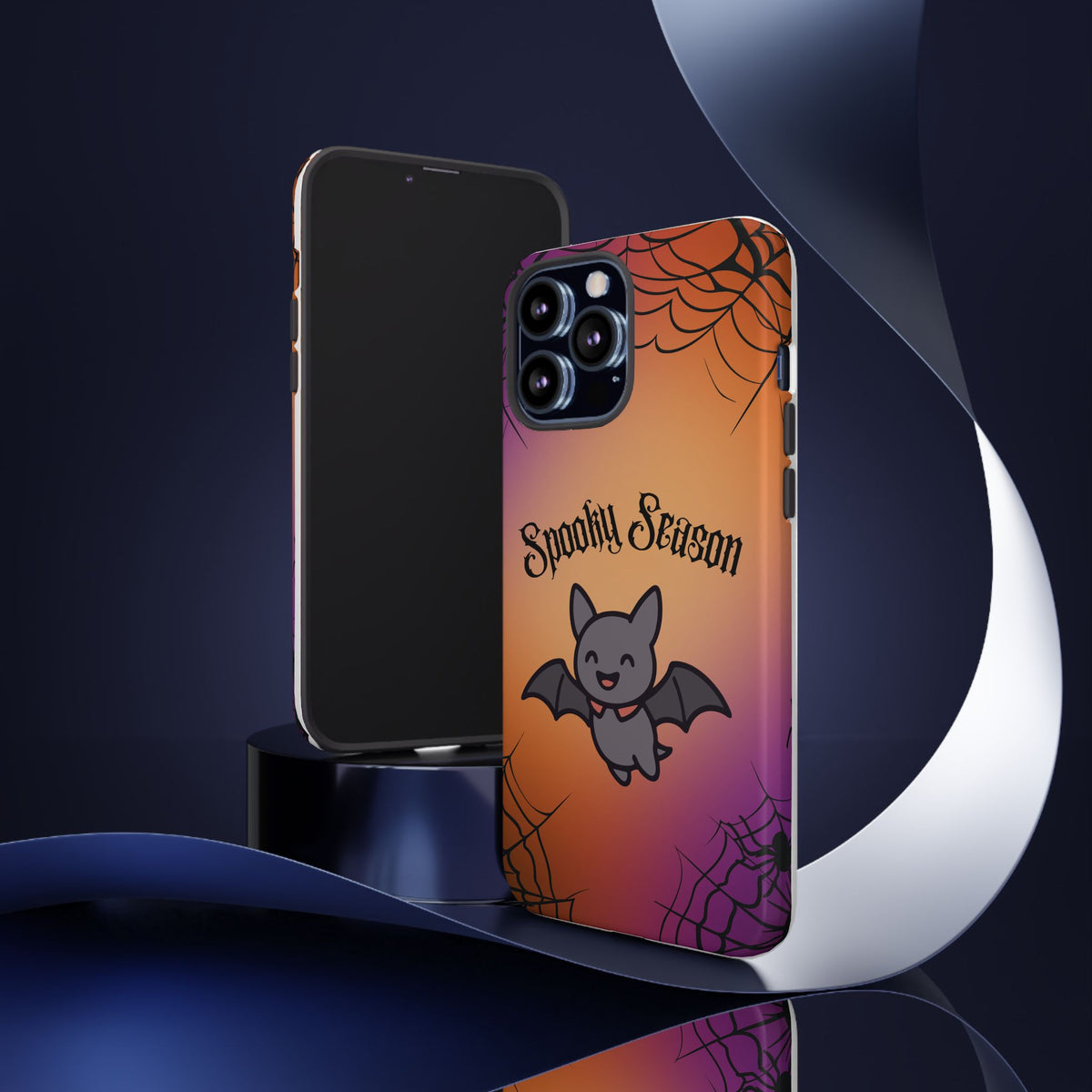 Spooky Season Cute Bat Phone Case — Halloween Gradient Spiderweb Tough Case