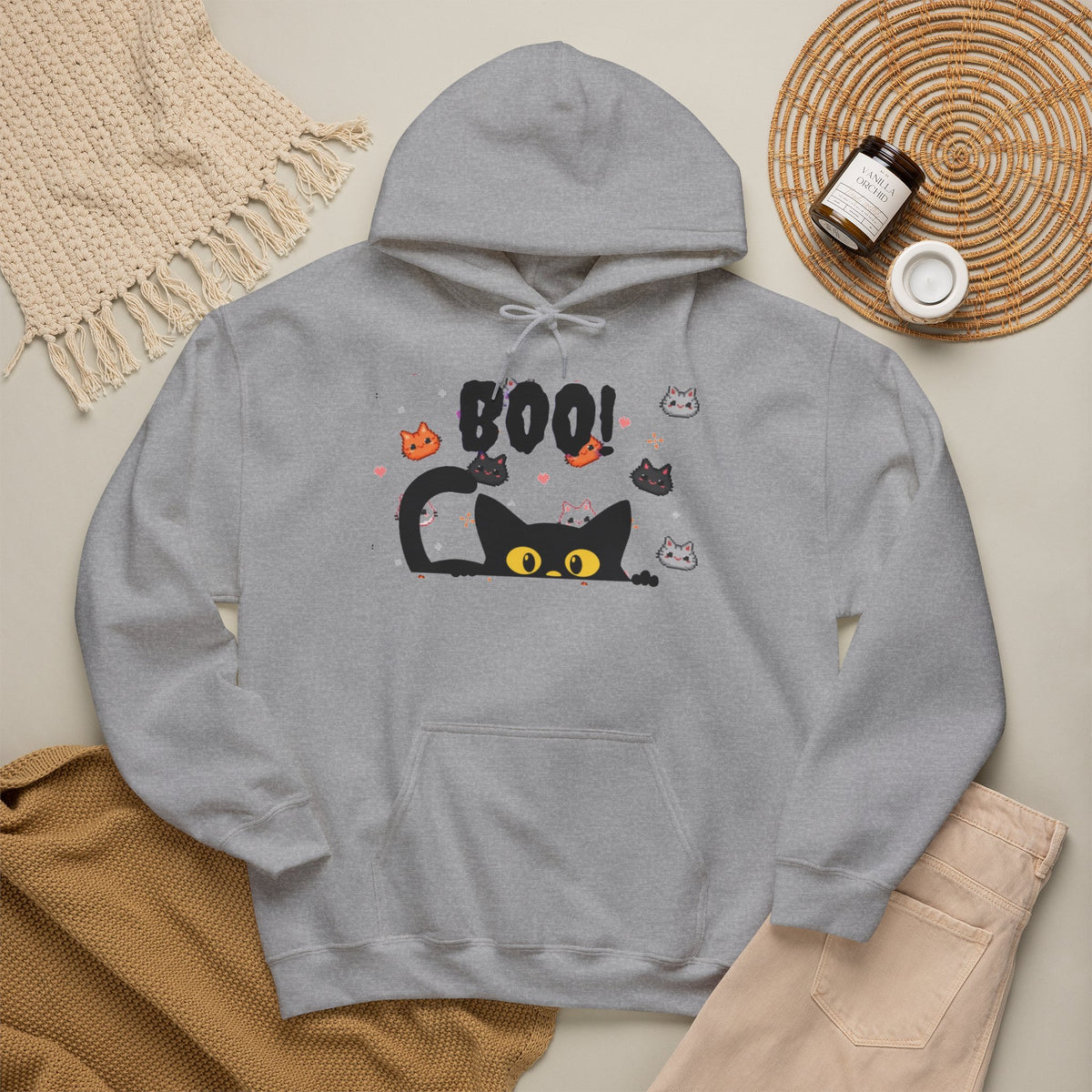 Halloween Cat 'Boo' Hoodie – Cute Spooky Black Cat Pullover