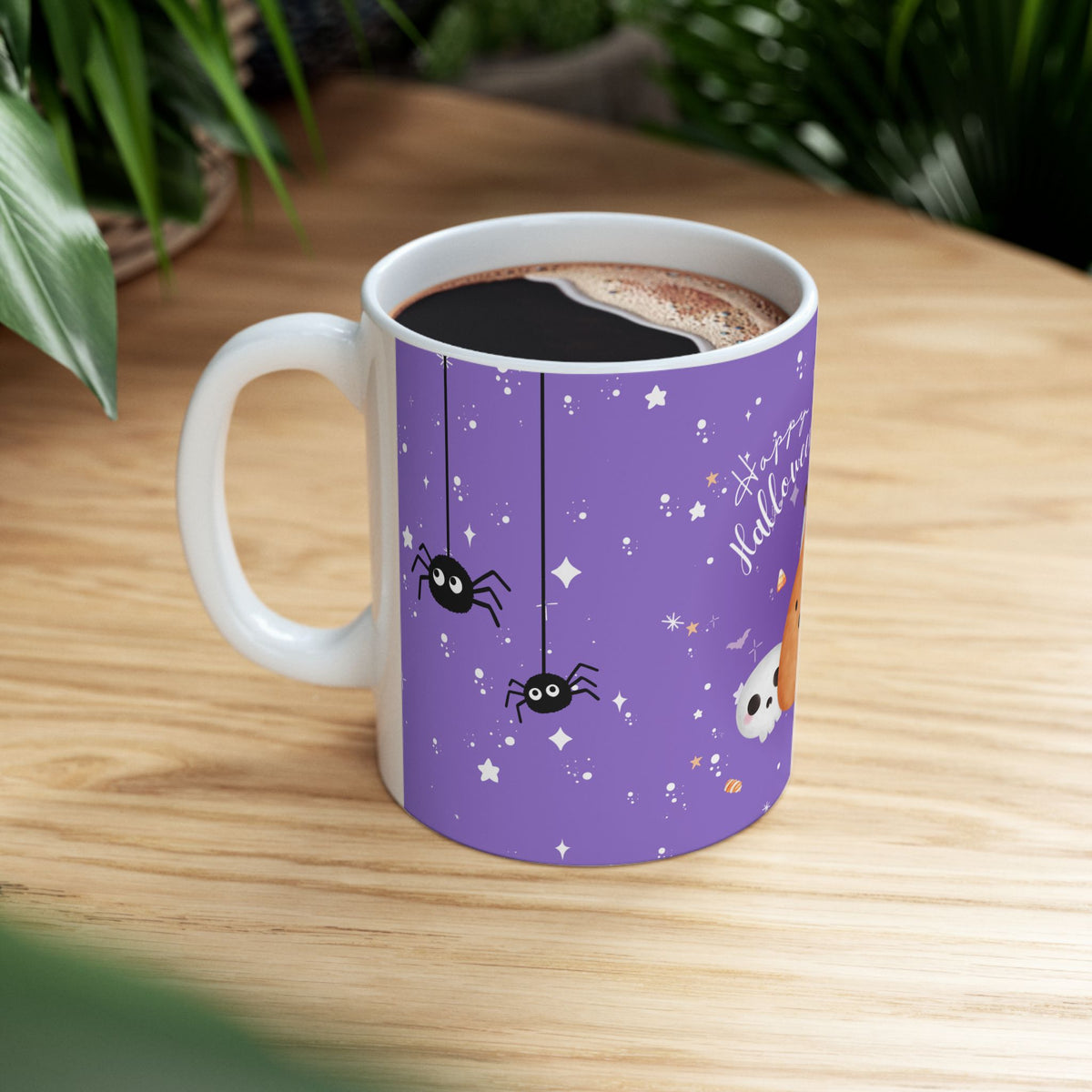 Halloween Ghost & Pumpkins Ceramic Mug — "Happy Halloween" Cute Spooky Coffee Cup (11oz/15oz)