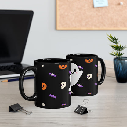 Halloween Ghost Candy Black Mug — Cute Spooky Coffee Cup (11oz & 15oz)