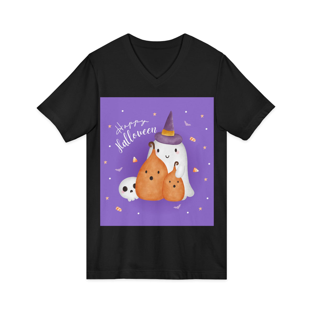 Halloween Ghosts V-Neck Tee — Cute 'Happy Halloween' Ghost & Pumpkins