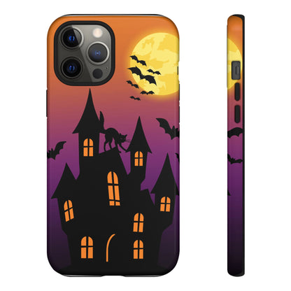 Halloween Haunted Castle Tough Phone Case — Moon, Bats & Cat iPhone Cover