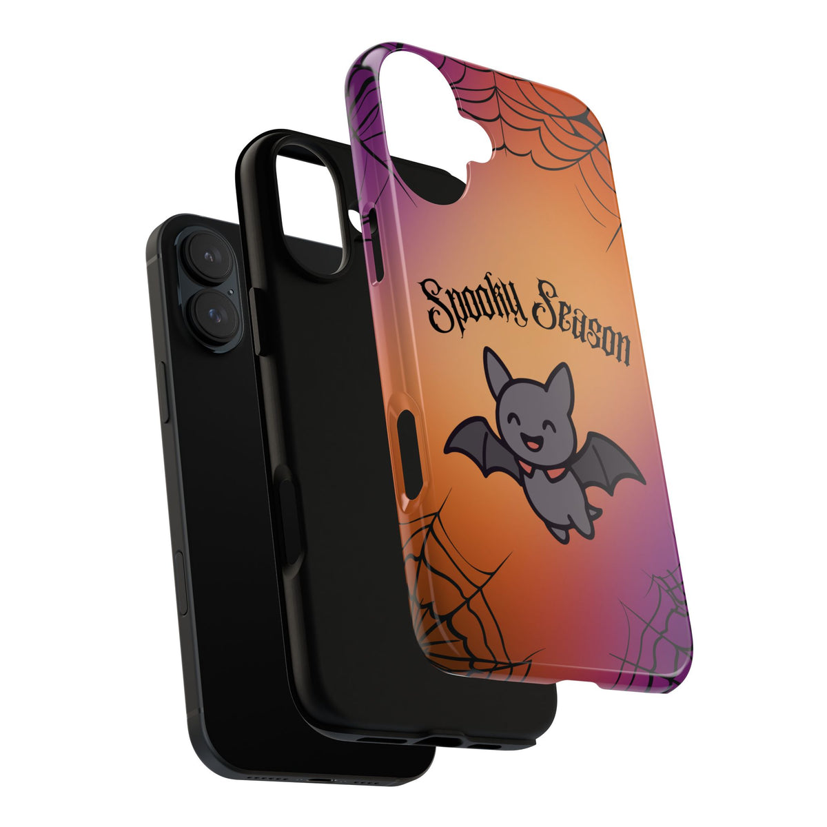 Spooky Season Cute Bat Phone Case — Halloween Gradient Spiderweb Tough Case