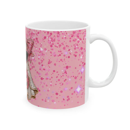 Pink Glitter Ghost Halloween Mug — Cute Ghost with Heart Sunglasses & Pumpkin