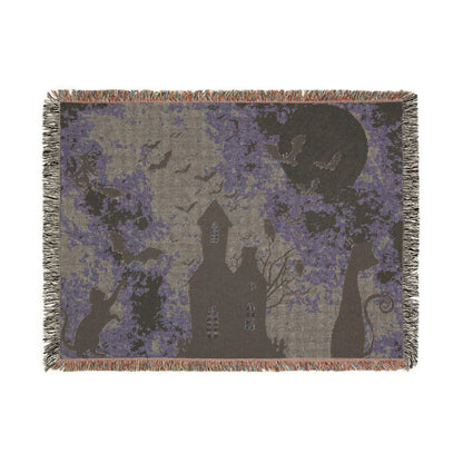 Haunted House Halloween Woven Blanket — Spooky Moon & Bats Throw