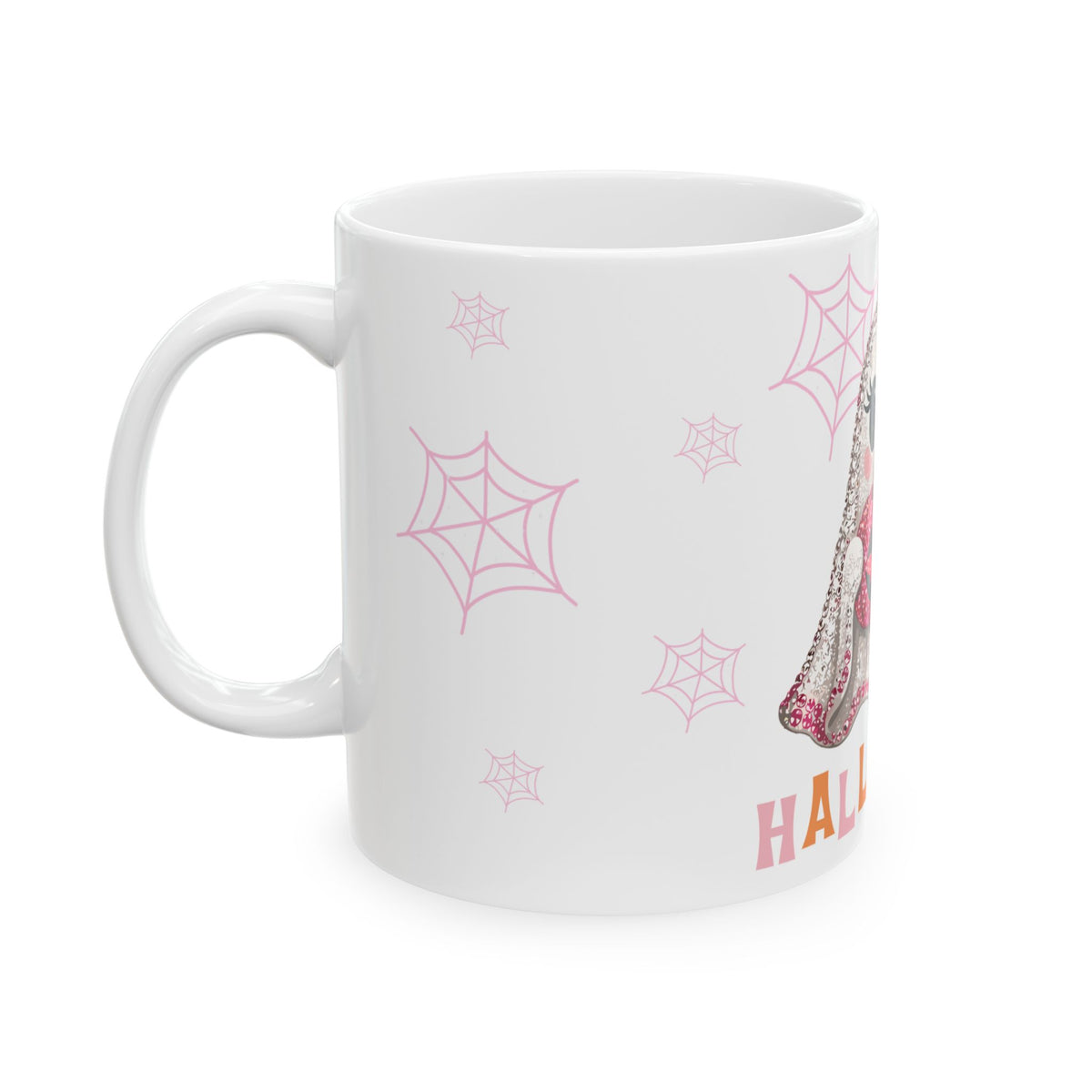 Cute Pink Ghost Halloween Mug — Sparkly Bow Pumpkin Coffee Cup (11oz & 15oz)