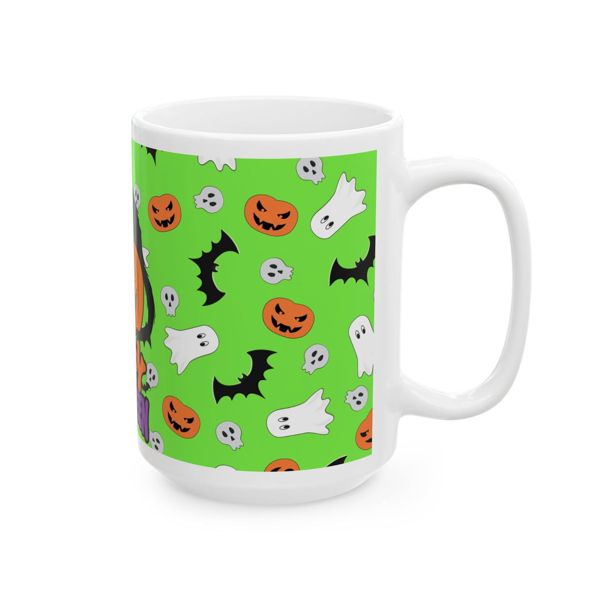 Happy Halloween Cat Pumpkin Mug — Cute Spooky Ghosts & Bats Ceramic Coffee Cup (15oz)