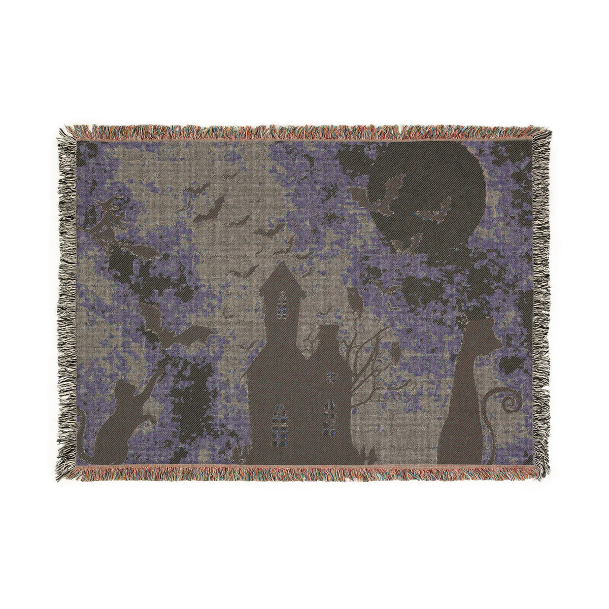 Haunted House Halloween Woven Blanket — Spooky Moon & Bats Throw