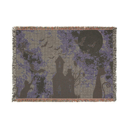 Haunted House Halloween Woven Blanket — Spooky Moon & Bats Throw