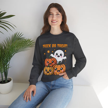 Halloween "Trick or Treat" Sweatshirt — Cute Ghost & Pumpkins Crewneck