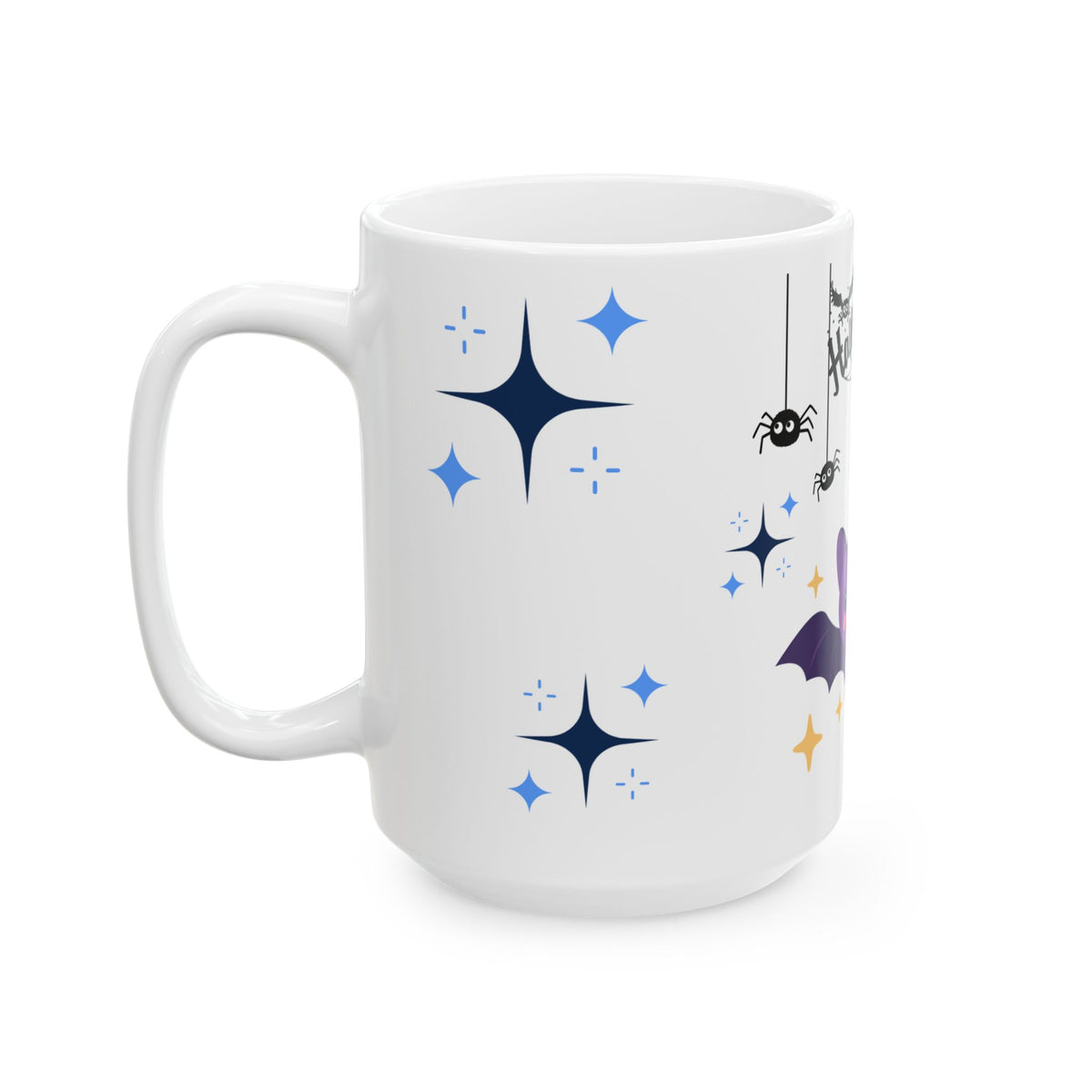 Halloween Cute Bat Ceramic Mug (11oz & 15oz) — Kawaii Purple Bats & Spiders