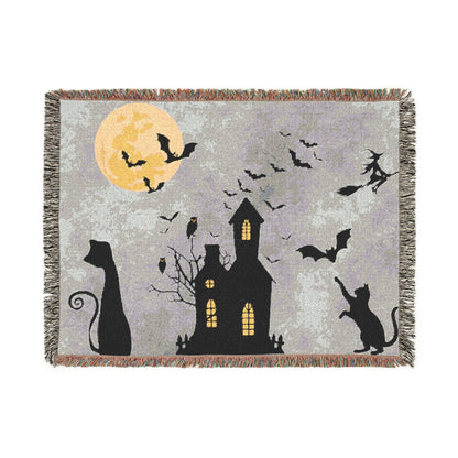 Haunted House Halloween Woven Blanket — Spooky Moon & Bats Throw