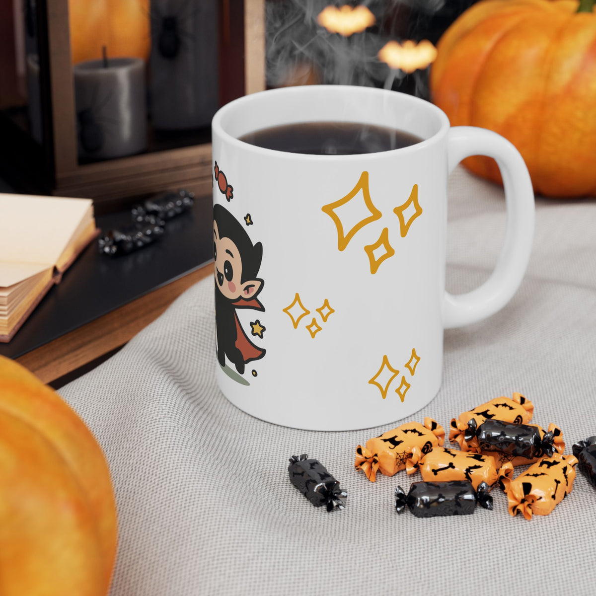 Cute Halloween Friends Ceramic Mug — Ghost, Pumpkin & Vampire Coffee Cup (11oz/15oz)