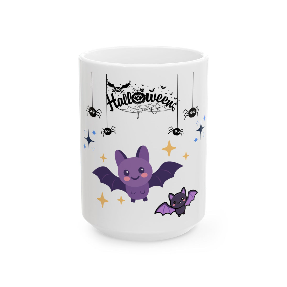 Halloween Cute Bat Ceramic Mug (11oz & 15oz) — Kawaii Purple Bats & Spiders