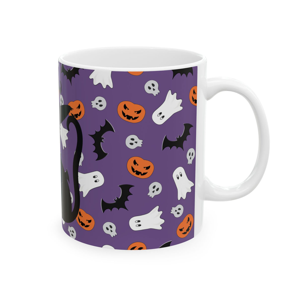 Halloween Black Cat Mug — Cute Witch Cat, Ghosts & Pumpkins Ceramic Coffee Cup (11oz/15oz)