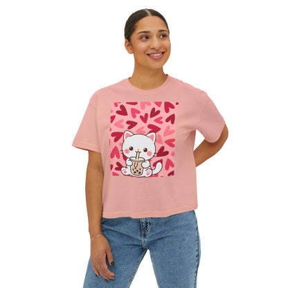 Cute Cat Bubble Tea Boxy Tee — Kawaii Heart Graphic Women's Crop T‑Shirt