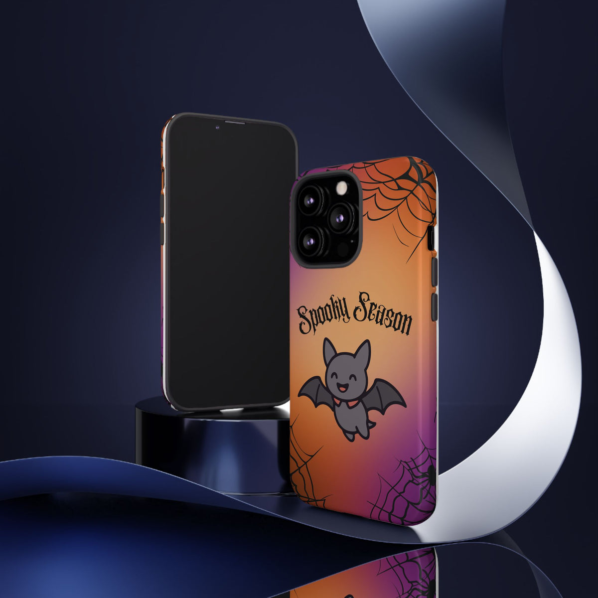 Spooky Season Cute Bat Phone Case — Halloween Gradient Spiderweb Tough Case