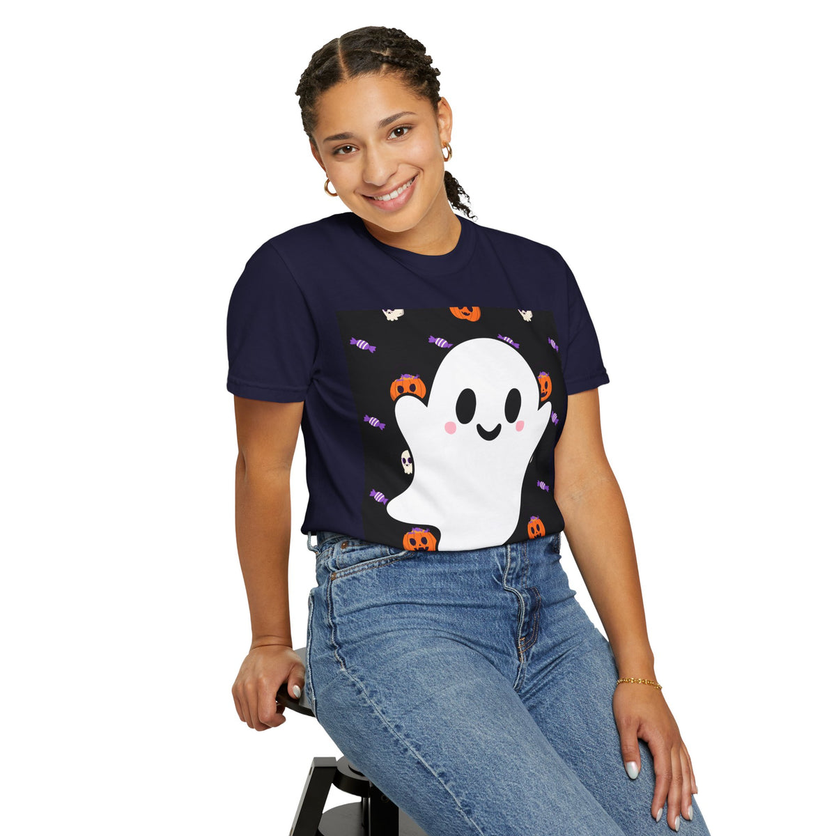 Ghost Pattern T-Shirt — Cute Halloween Pumpkin & Candy Tee