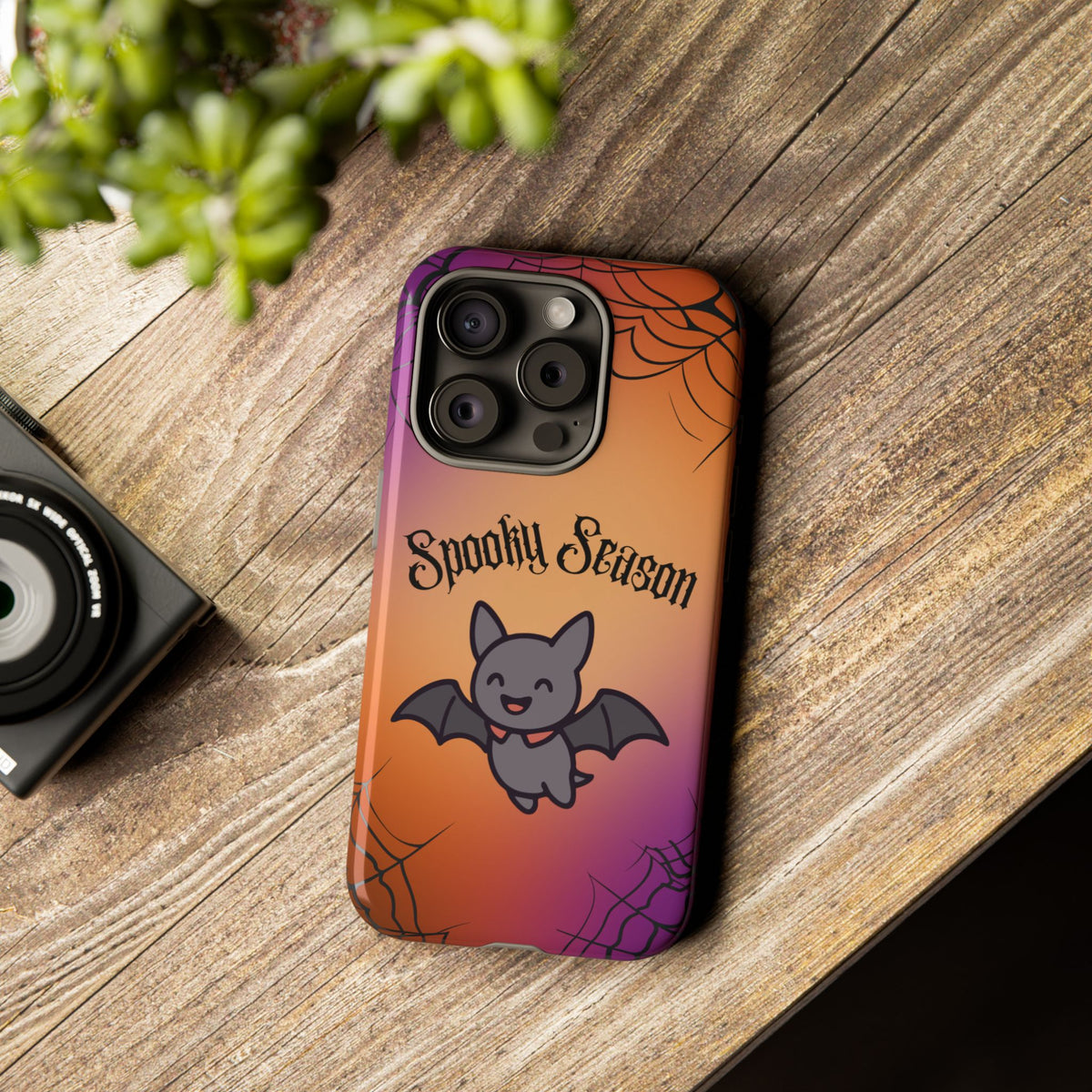 Spooky Season Cute Bat Phone Case — Halloween Gradient Spiderweb Tough Case