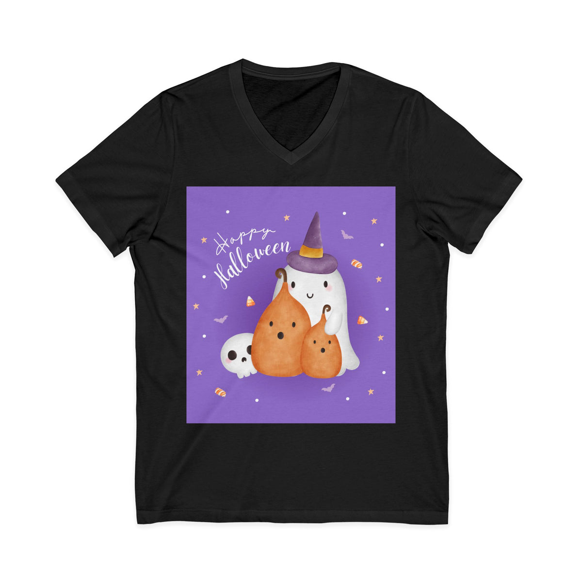Halloween Ghosts V-Neck Tee — Cute 'Happy Halloween' Ghost & Pumpkins