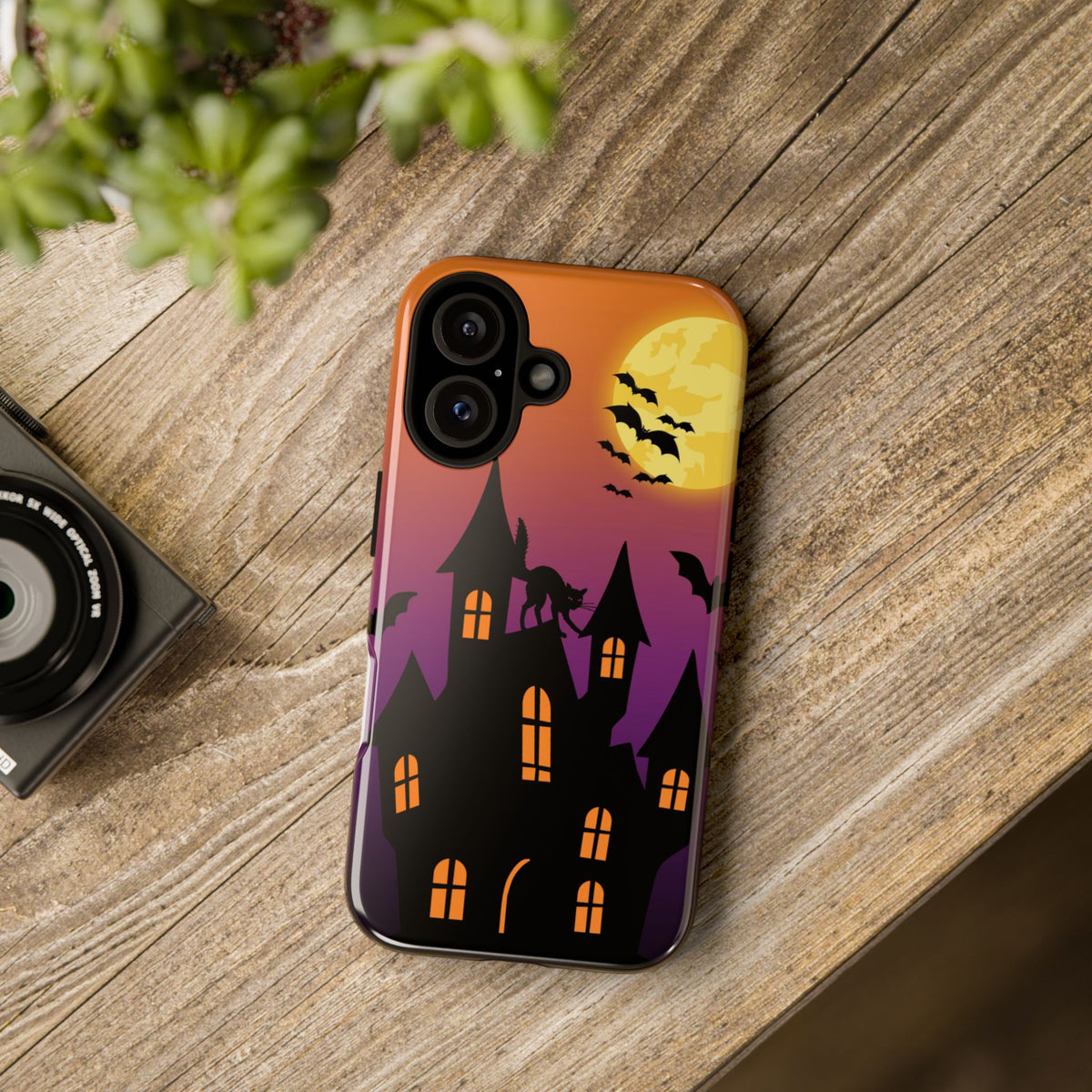 Halloween Haunted Castle Tough Phone Case — Moon, Bats & Cat iPhone Cover