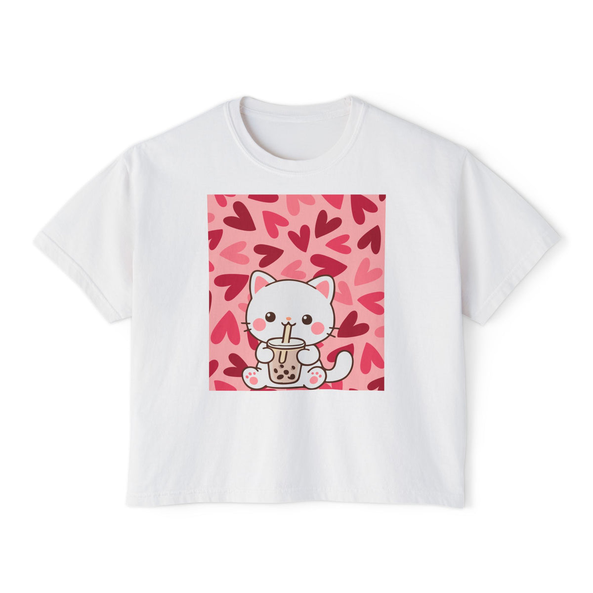 Cute Cat Bubble Tea Boxy Tee — Kawaii Heart Graphic Women's Crop T‑Shirt