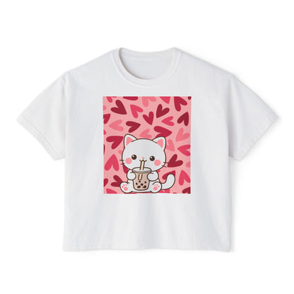 Cute Cat Bubble Tea Boxy Tee — Kawaii Heart Graphic Women's Crop T‑Shirt