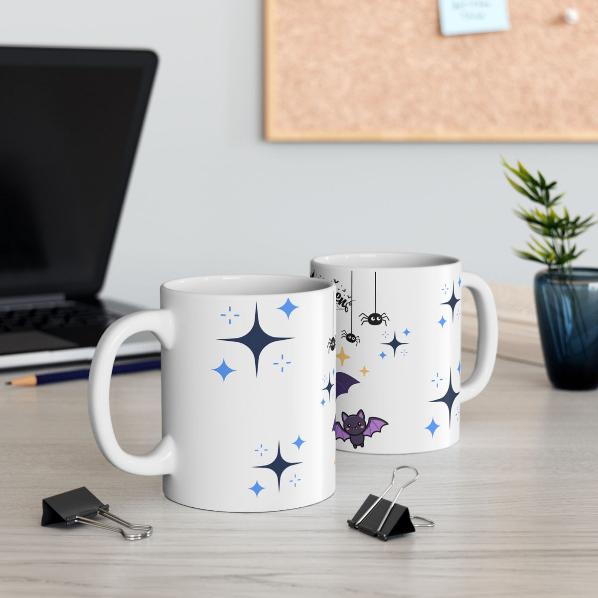 Halloween Cute Bat Ceramic Mug (11oz & 15oz) — Kawaii Purple Bats & Spiders