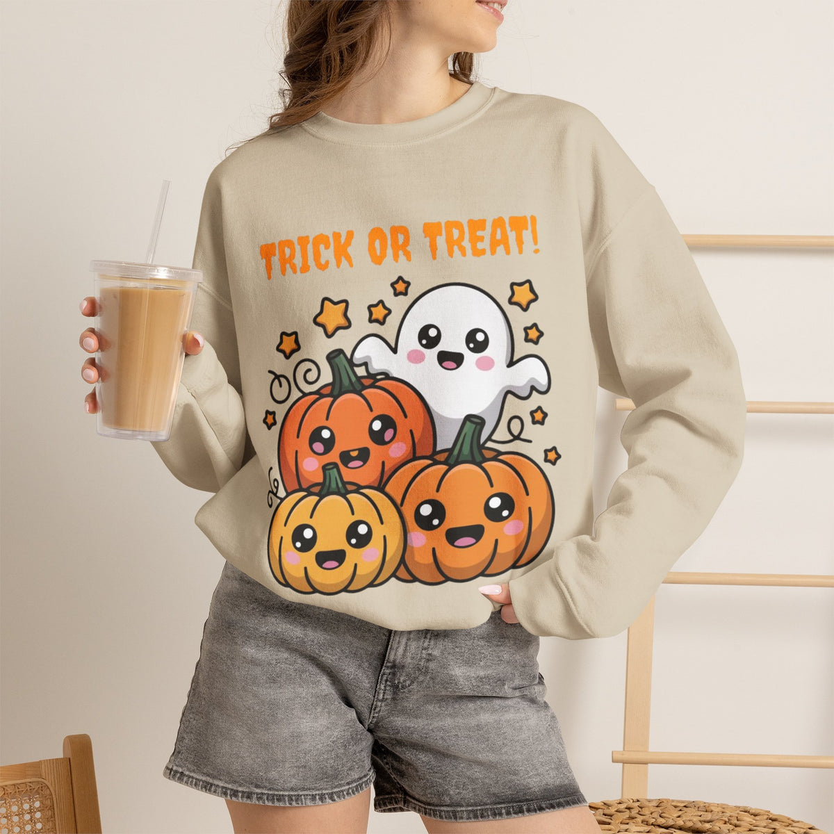 Halloween "Trick or Treat" Sweatshirt — Cute Ghost & Pumpkins Crewneck