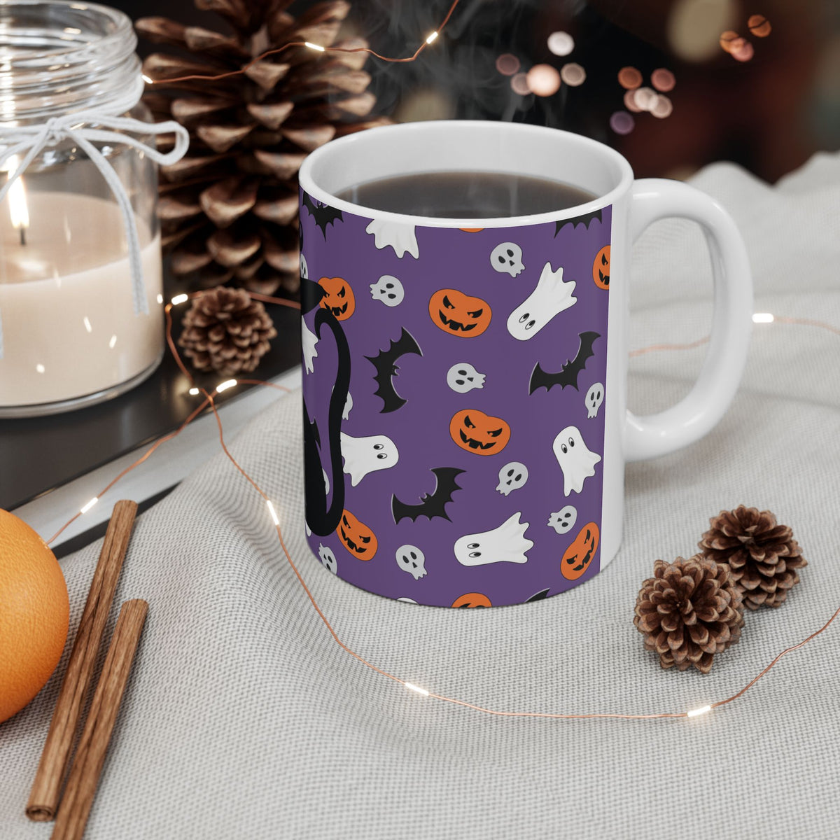 Halloween Black Cat Mug — Cute Witch Cat, Ghosts & Pumpkins Ceramic Coffee Cup (11oz/15oz)
