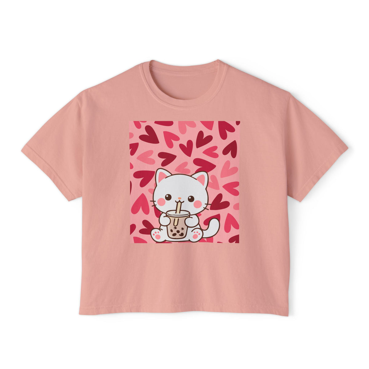 Cute Cat Bubble Tea Boxy Tee — Kawaii Heart Graphic Women's Crop T‑Shirt