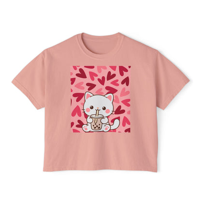 Cute Cat Bubble Tea Boxy Tee — Kawaii Heart Graphic Women's Crop T‑Shirt
