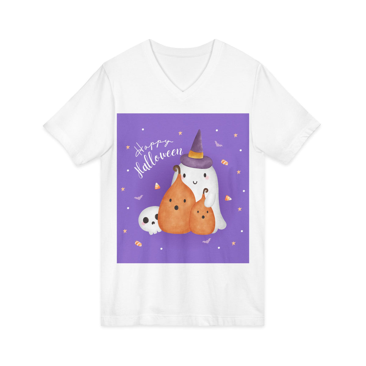 Halloween Ghosts V-Neck Tee — Cute 'Happy Halloween' Ghost & Pumpkins