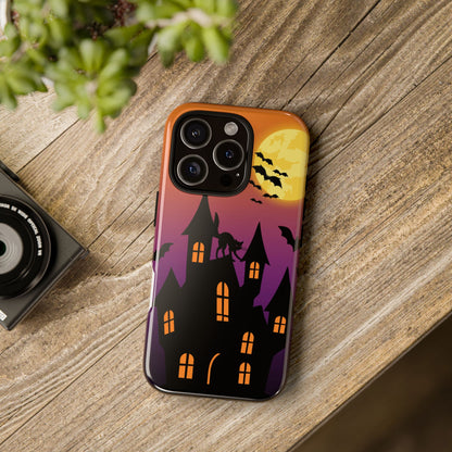 Halloween Haunted Castle Tough Phone Case — Moon, Bats & Cat iPhone Cover